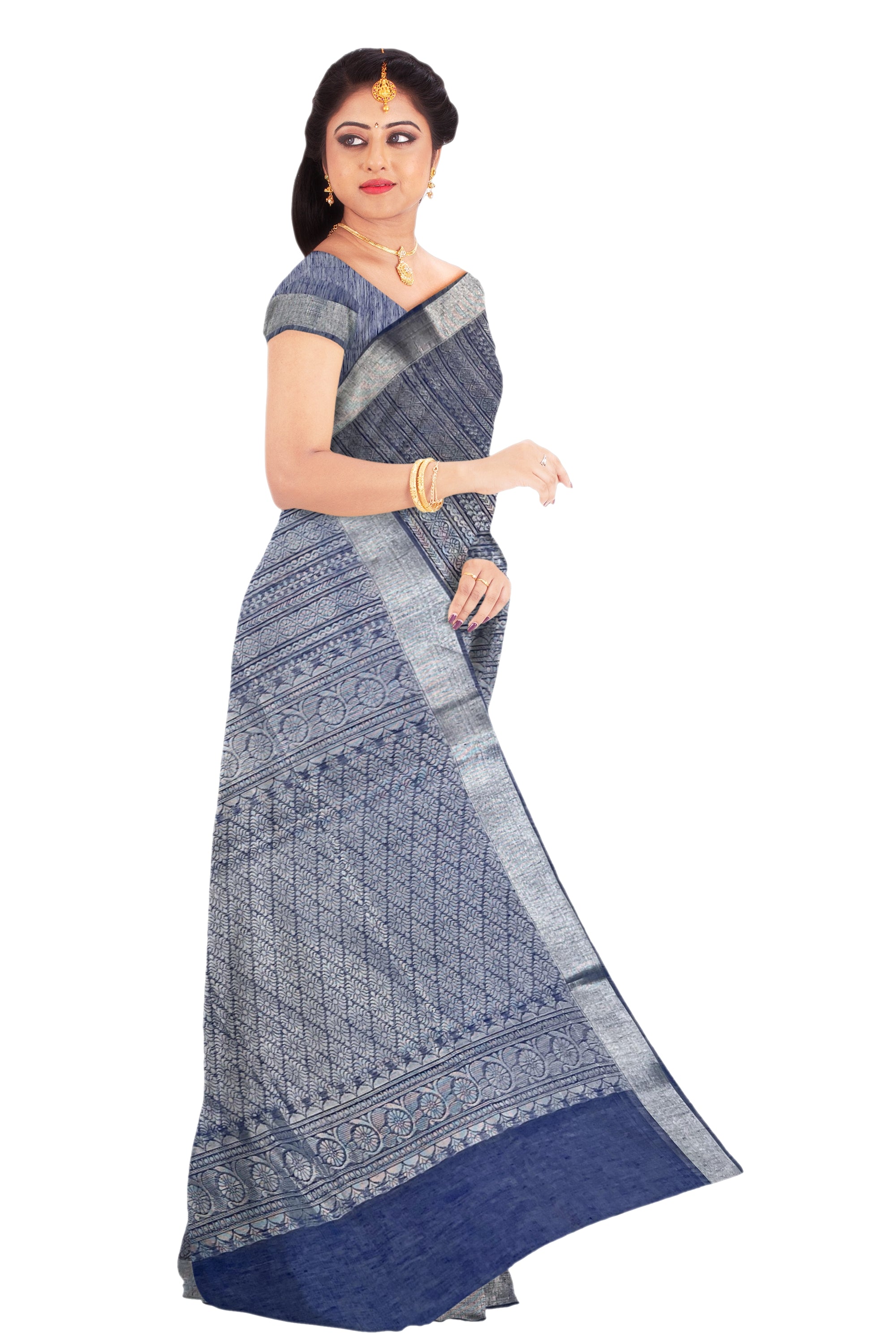 Jeans Blue silk cotton tissue saree