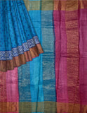 Blue Printed Bengal Tussar Saree - MIRASILKS Blue Printed Bengal Tussar Saree 