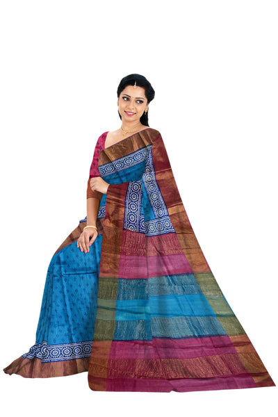 Blue Printed Bengal Tussar Saree - MIRASILKS Blue Printed Bengal Tussar Saree 
