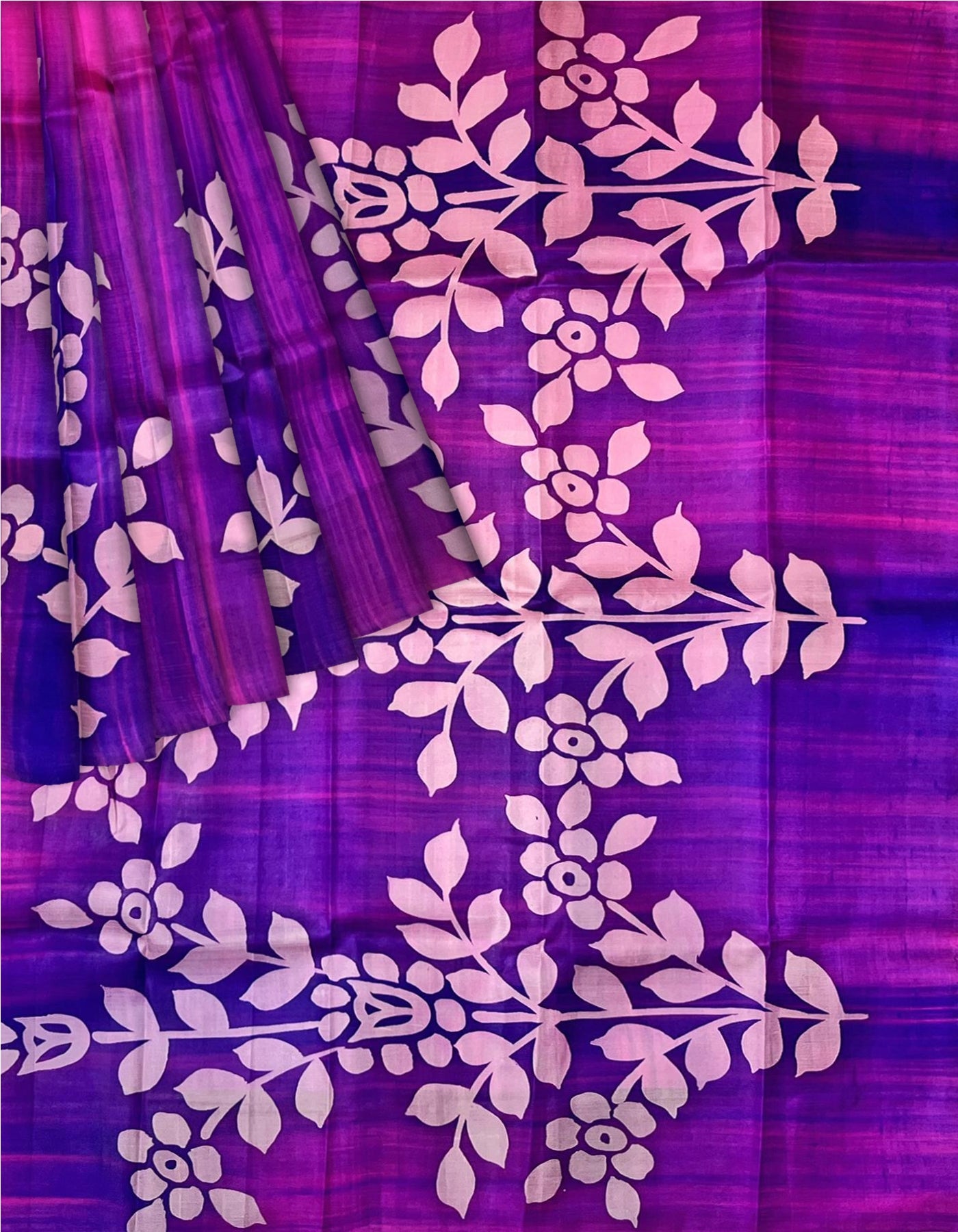 Magenta & purple Murshidabad silk Saree With Light Pink Floral Print