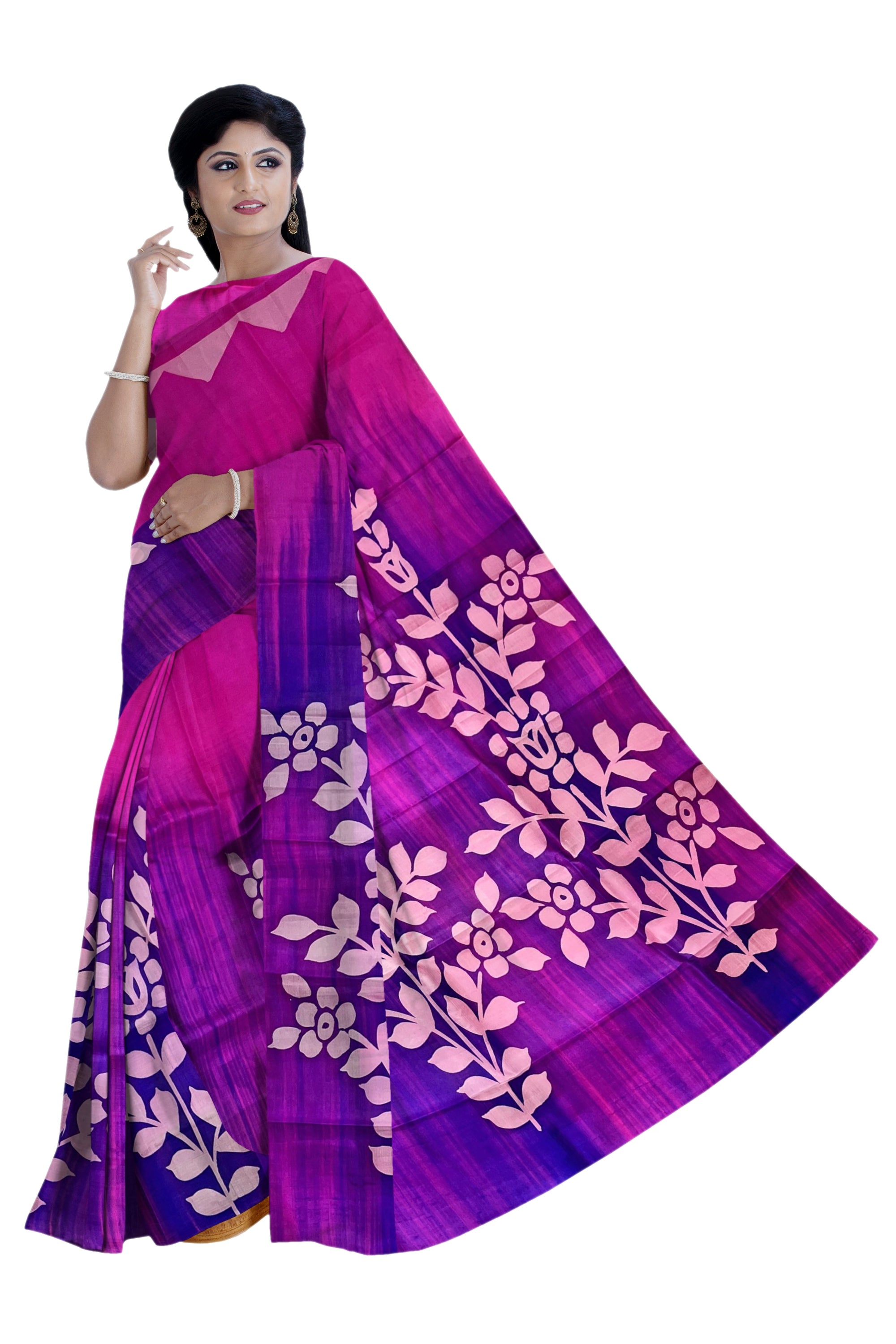 Magenta & purple Murshidabad silk Saree With Light Pink Floral Print