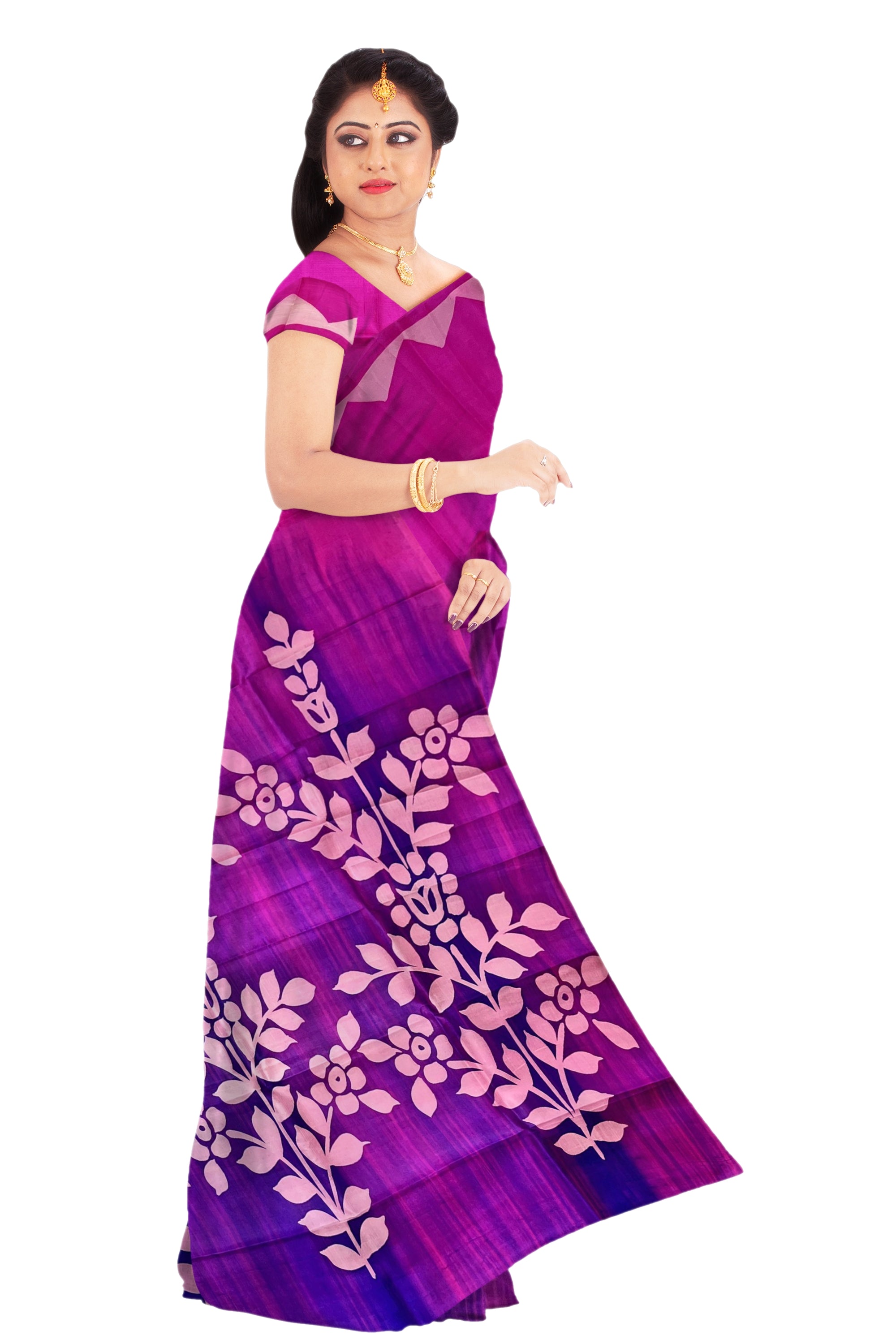 Magenta & purple Murshidabad silk Saree With Light Pink Floral Print