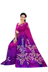 Magenta & purple Murshidabad silk Saree With Light Pink Floral Print